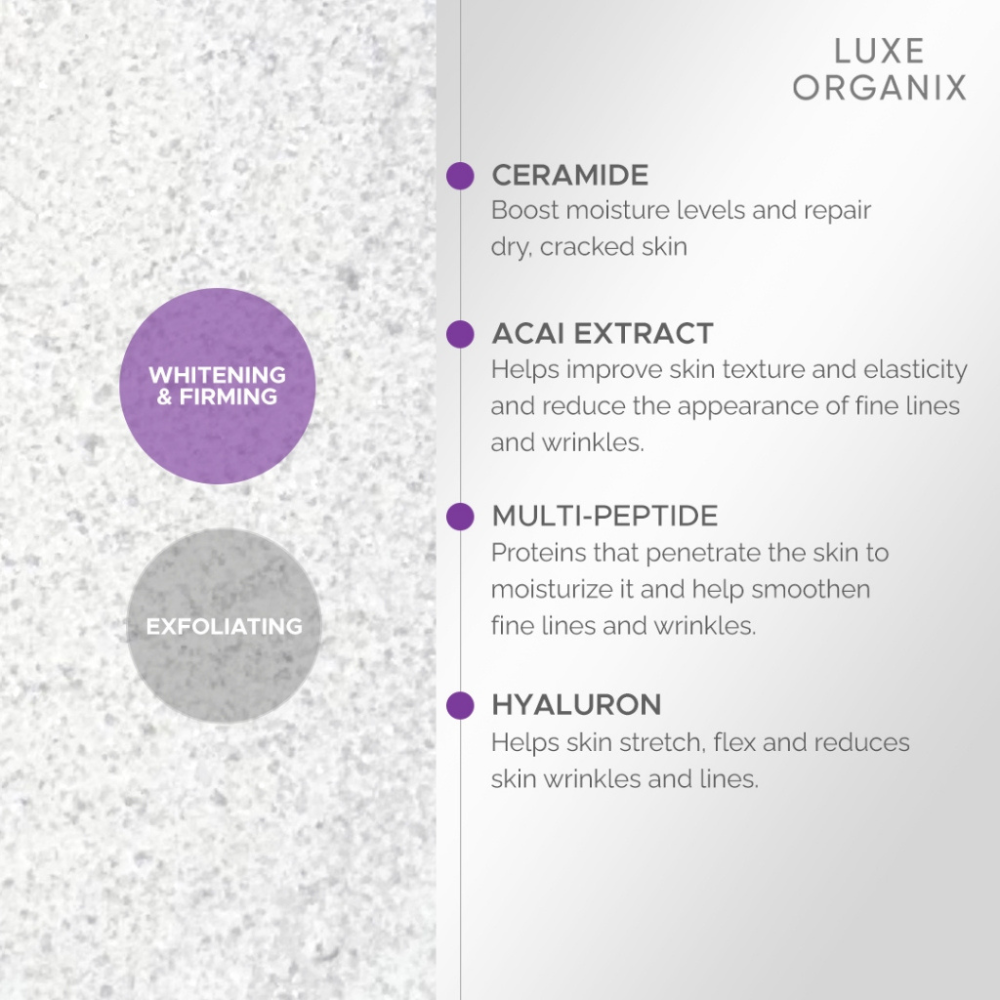 Luxe Organix skincare product description with ingredients and benefits on a textured gray background. Luxe Organix Niacinamide + Bakuchiol Retinol 3x Whitening & Firming Velvet Salt Scrub 300g
