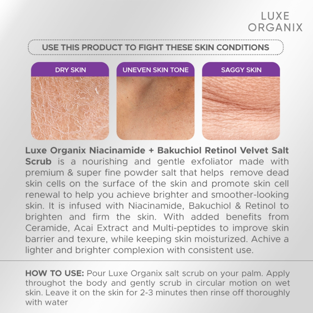 Luxe Organix Niacinamide + Bakuchiol Retinol 3x Whitening & Firming Velvet Salt Scrub 300g