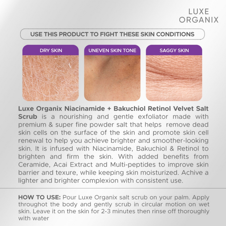Luxe Organix Niacinamide + Bakuchiol Retinol 3x Whitening & Firming Velvet Salt Scrub 300g
