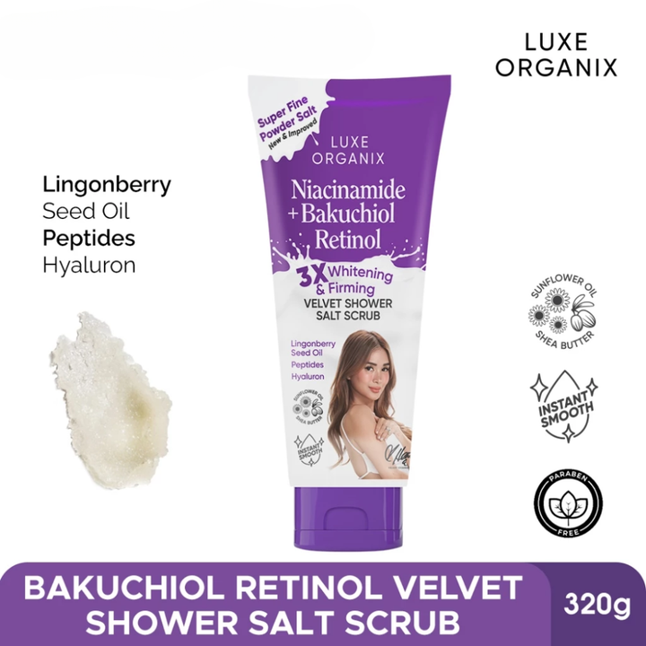 Luxe Organix Bakuchiol Retinol Velvet Shower Salt Scrub with product packaging and ingredients listed. Luxe Organix Niacinamide + Bakuchiol Retinol 3x Whitening & Firming Velvet Shower Salt Scrub