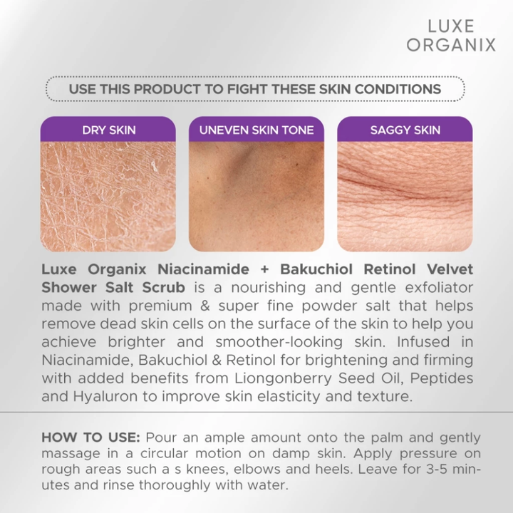 Product description for Luxe Organix shower salt scrub with skin condition images and usage instructions. Luxe Organix Niacinamide + Bakuchiol Retinol 3x Whitening & Firming Velvet Shower Salt Scrub