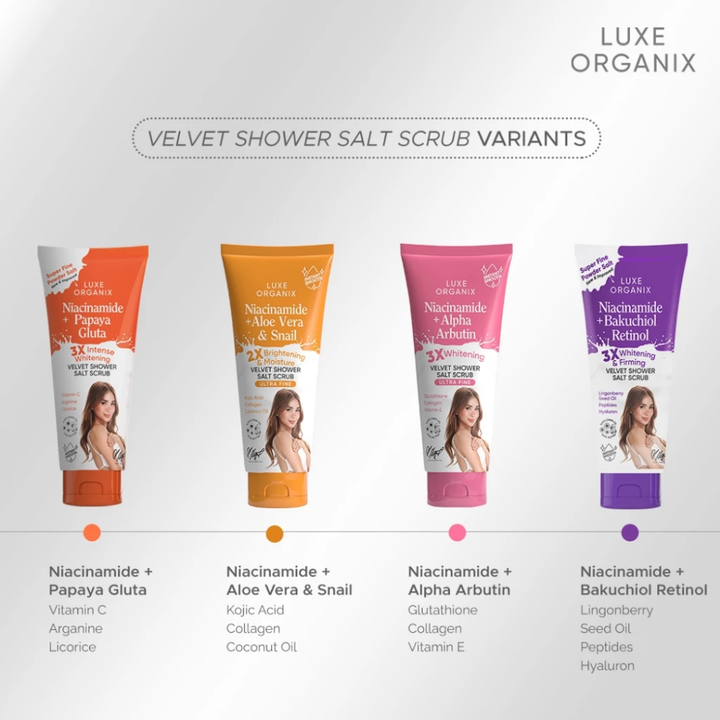 Four bottles of Luxe Organix Velvet Shower Salt Scrub with different variants on a white background. Luxe Organix Niacinamide + Bakuchiol Retinol 3x Whitening & Firming Velvet Shower Salt Scrub
