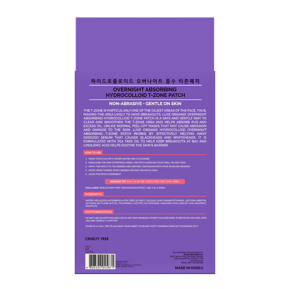 Luxe Organix Overnight Absorbing Hydrocolloid T-zone Patch -Ultra Thin 3 pcs