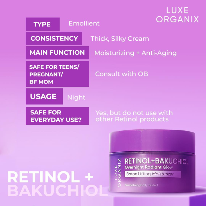 Luxe Organix Retinol + Bakuchiol Overnight Radiant Glow Botox Lifting Moisturizer