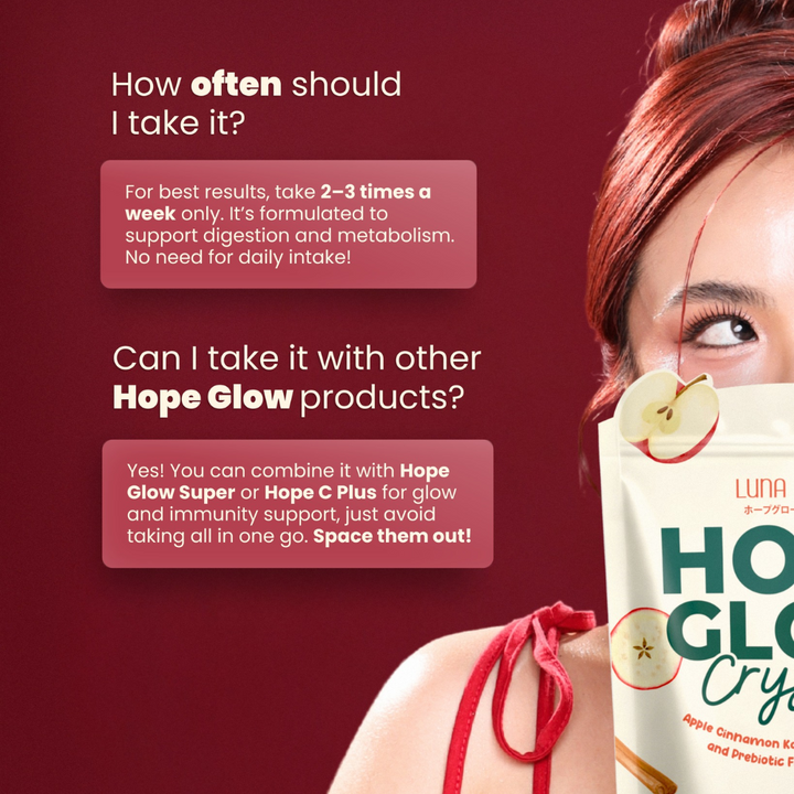 Woman holding a Hope Glow product with text on a red background Hope Glow Crystal - Apple Cinnamon Kombucha, Probiotic and Prebiotic Fiber Juice Drink