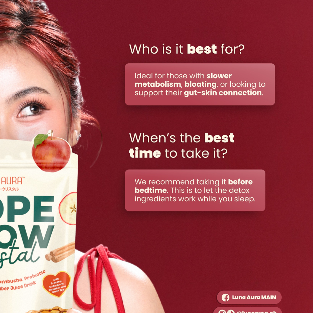 Product packaging with text on a red background Luna Aura Hope Glow Crystal - Apple Cinnamon Kombucha, Probiotic and Prebiotic Fiber Juice Drink