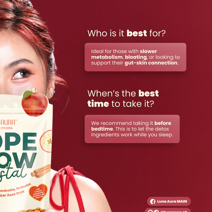 Product packaging with text on a red background Luna Aura Hope Glow Crystal - Apple Cinnamon Kombucha, Probiotic and Prebiotic Fiber Juice Drink