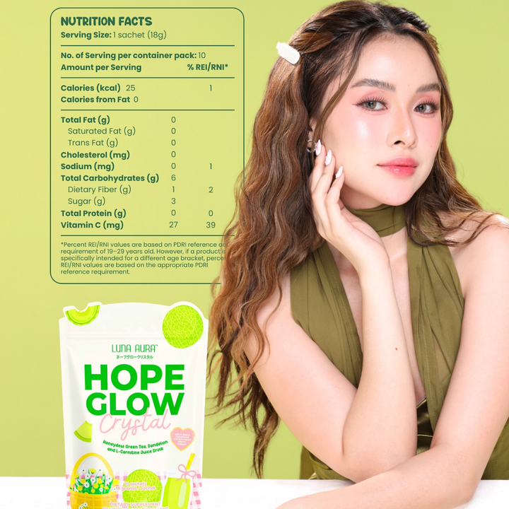 Woman with a green background, holding her face, next to a 'Hope Glow' product packaging. Luna Aura Hope Glow Crystal - Honeydew Green Tea, Dandelion and L-Carnitine Juice Drink