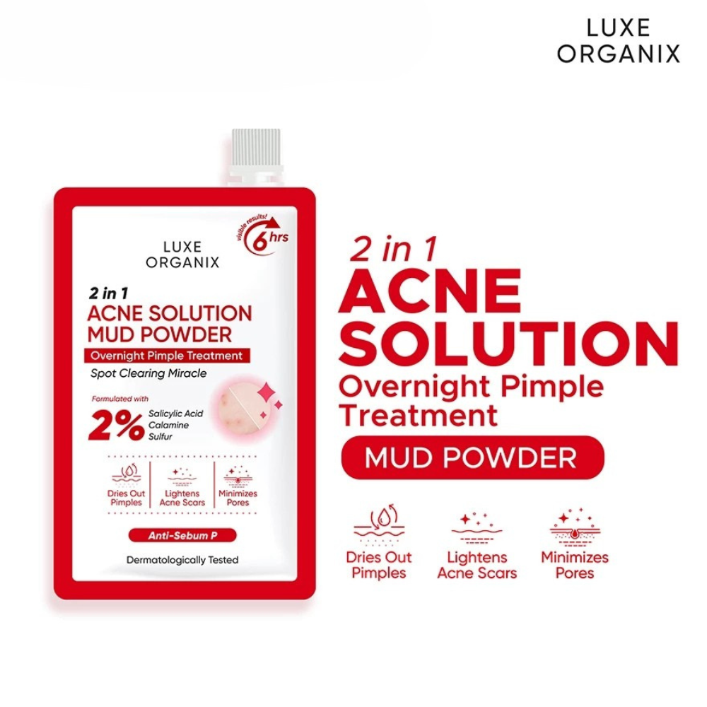 Luxe Organix 2 in 1 Acne Solution Mud Powder (9g) – Overnight Pimple Treatment with salicylic acid formula