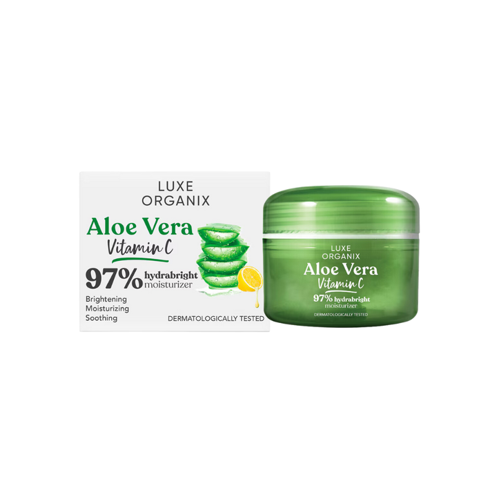 Green aloe vera moisturizer jar with packaging on a white background Luxe Organix Aloe Vera Vitamin C 97% Hydrabright Moisturizer 50g
