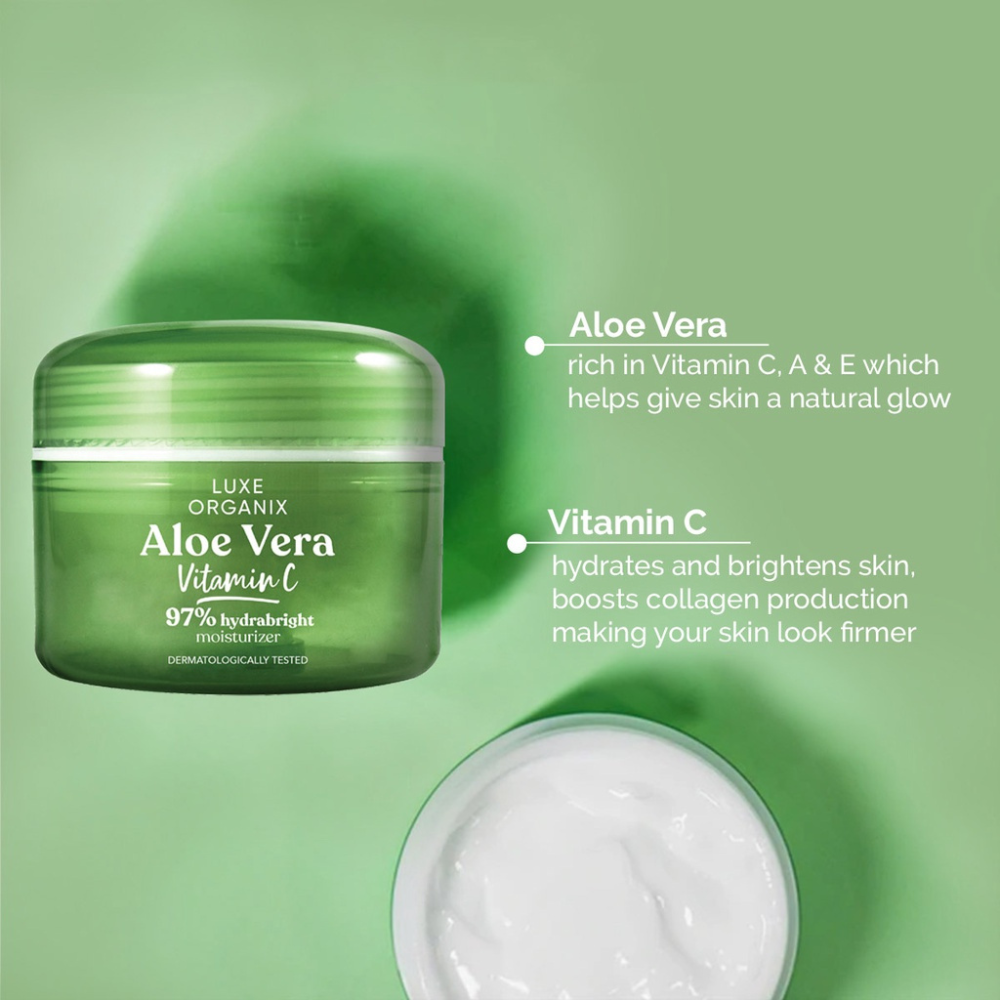 Green aloe vera jar with cream on a green background Luxe Organix Aloe Vera Vitamin C 97% Hydrabright Moisturizer 50g