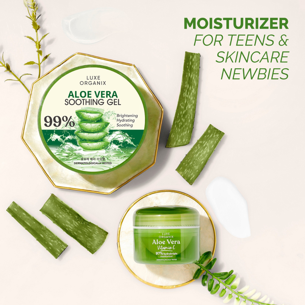 Aloe vera soothing gel packaging with aloe vera leaves on a light background Luxe Organix Aloe Vera Vitamin C 97% Hydrabright Moisturizer 50g