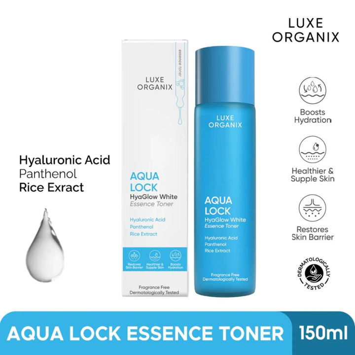 Luxe Organix Aqua Lock Essence Toner with packaging on a white background Luxe Organix Aqua Lock HyaGlow Essence Toner 150ml