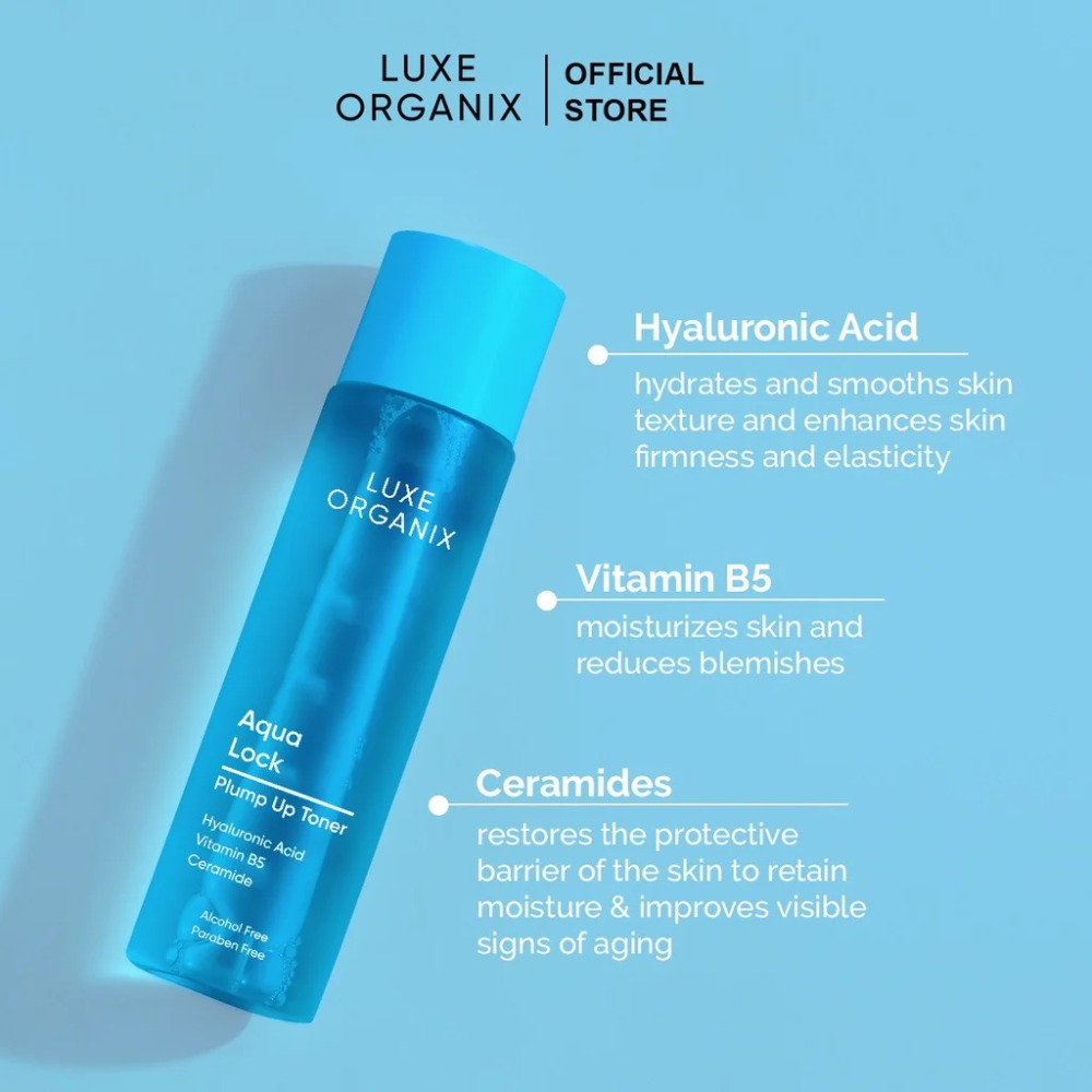Luxe Organix Aqua Lock Plump Up Toner bottle with product features on a light blue background Luxe Organix Aqua Lock HyaGlow Essence Toner 150ml
