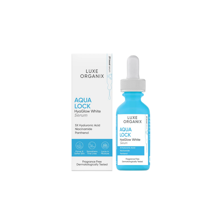 Luxe Organix Aqua Lock HyalGlow White Serum with packaging on a white background Luxe Organix Aqua Lock HyaGlow White 2x Boost Serum 30ml