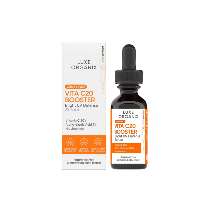 Luxe Organix Vita C20 Booster serum bottle and packaging on a white background