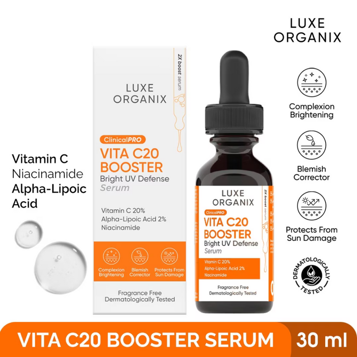 Luxe Organix Vita C20 Booster Serum with packaging on a white background