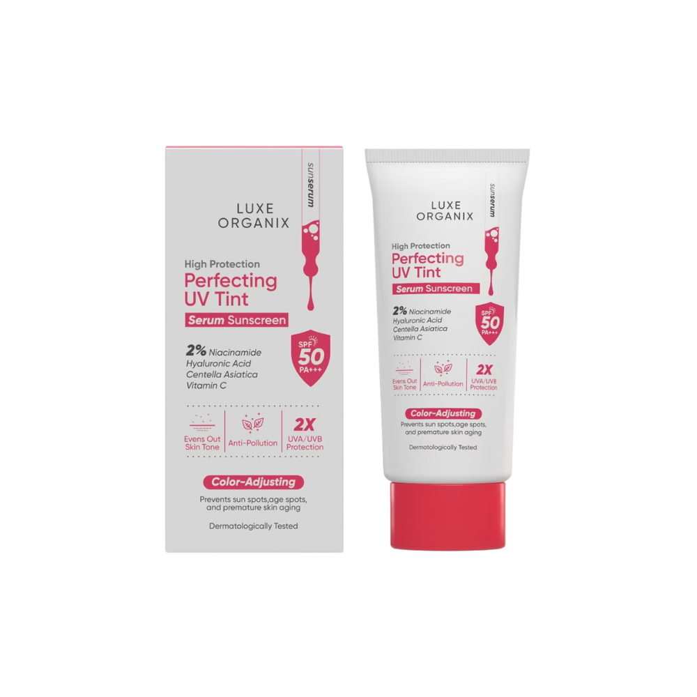 Luxe Organix Perfecting UV Tint serum sunscreen packaging on a white background