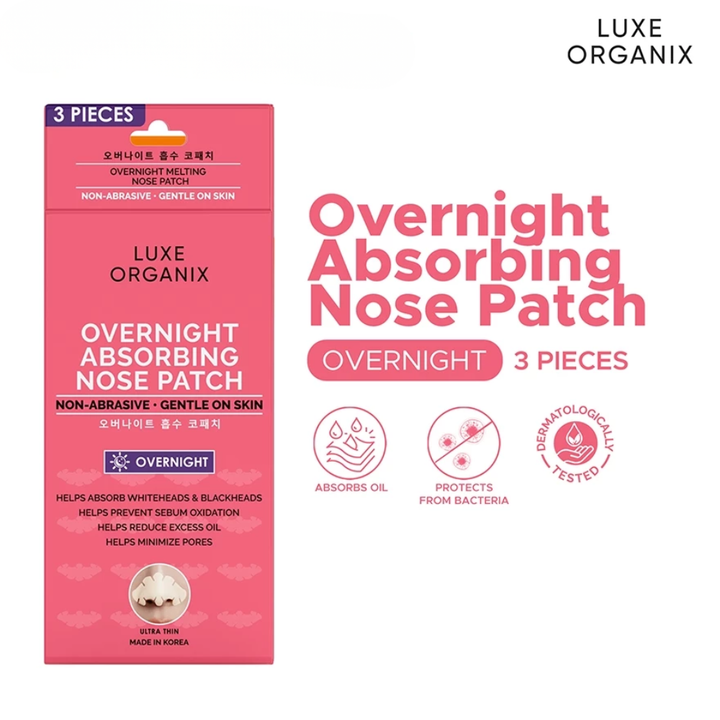 Luxe Organix Overnight Absorbing Nose Patch packaging on a white background