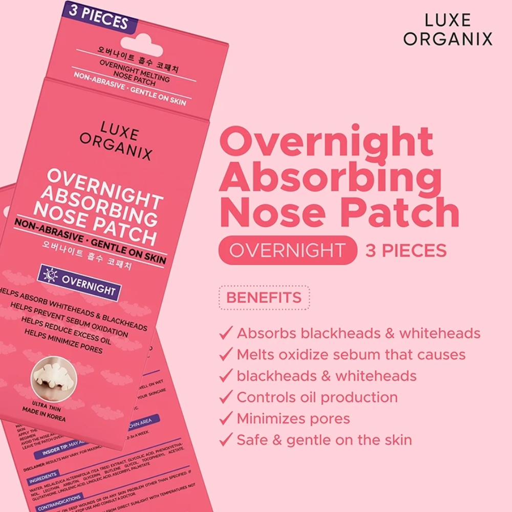 Luxe Organix Overnight Absorbing Nose Patch packaging with product details on a pink background