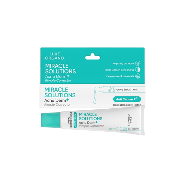 Luxe Organix Miracle Solutions Acne Derm Pimple Corrector packaging on a white background