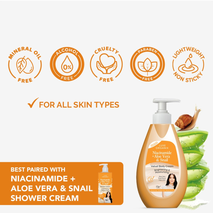 Luxe Organix Niacinamide + Aloe Vera and Snail Velvet Body Lotion