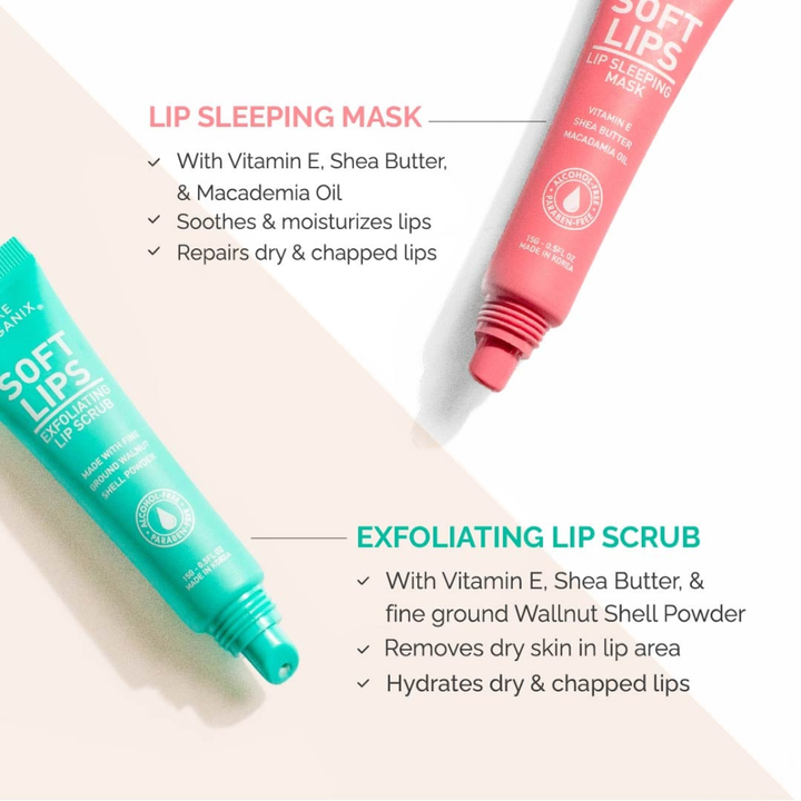 Two lip care products, a pink mask and a green serum, with text describing their uses on a light background.