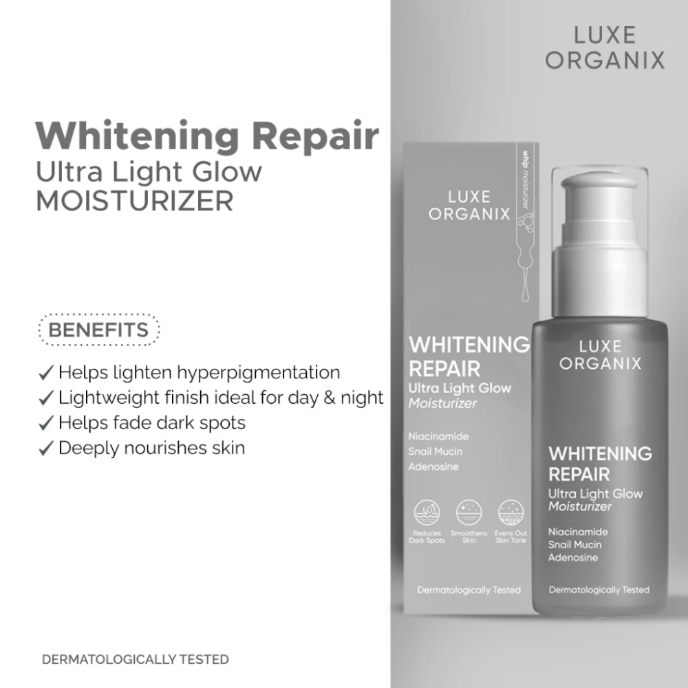 Luxe Organix Whitening Repair Ultra Light Glow Moisturizer with packaging on a white background Luxe Organix Whitening Repair Ultra Light Glow Moisturizer 80ml