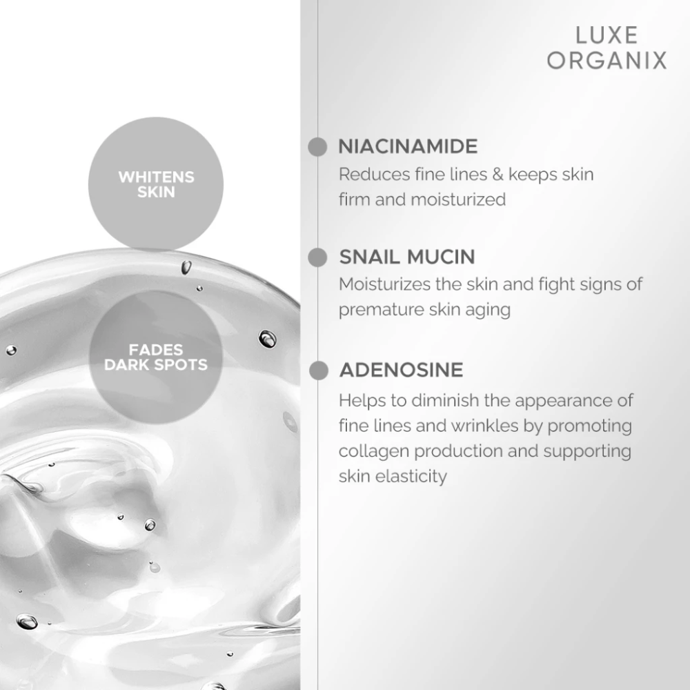Luxe Organix skincare product with ingredient benefits on a white background Luxe Organix Whitening Repair Ultra Light Glow Moisturizer 80ml