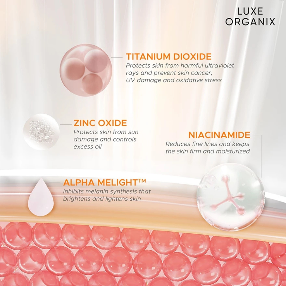 Luxe Organix skincare product with ingredients highlighted on a light background
