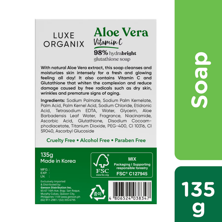 Luxe Organix Aloe Vera Vitamin C soap packaging with text and branding details.