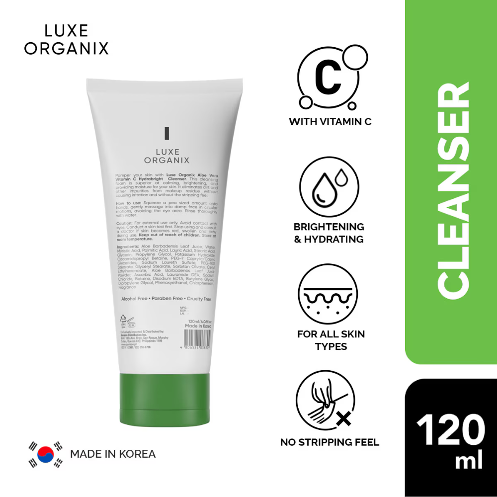 Luxe Organix cleanser tube with product details on a white background