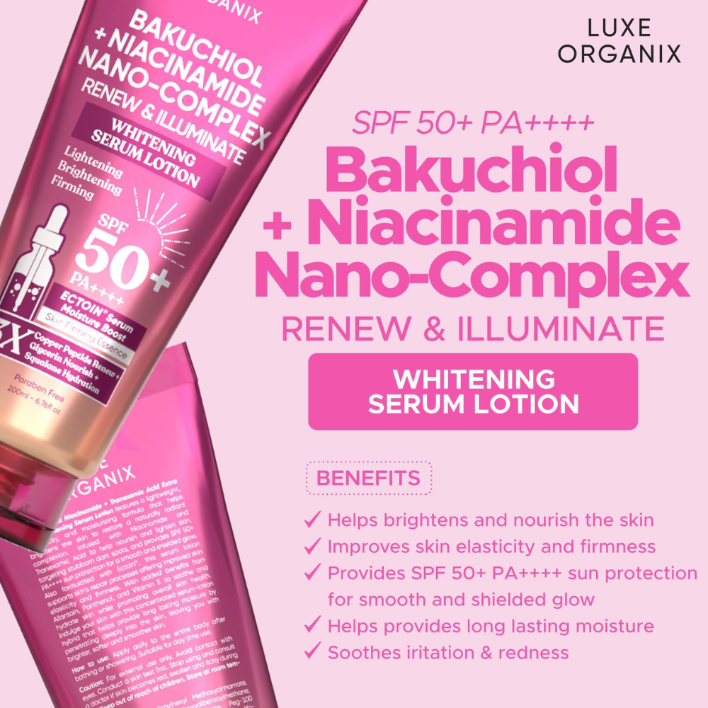 Luxe Organix Bakuchiol + Niacinamide Nano-Complex Whitening Serum Lotion packaging with product and benefits listed.