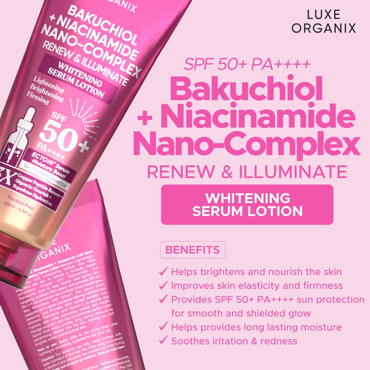 Luxe Organix Bakuchiol + Niacinamide Nano-Complex Whitening Serum Lotion packaging with product and benefits listed.