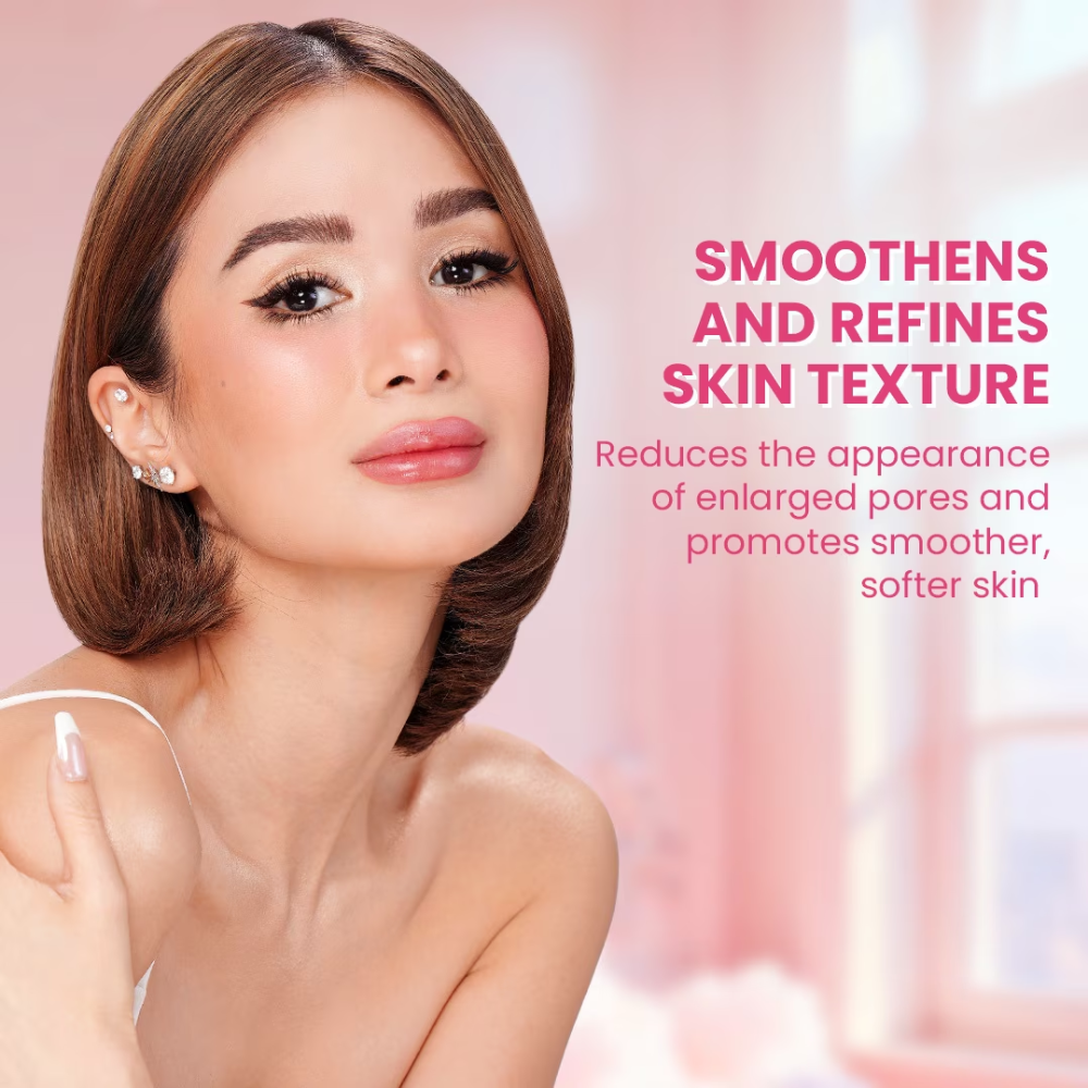 Woman with smooth skin on a pink background with text about skin texture improvement.