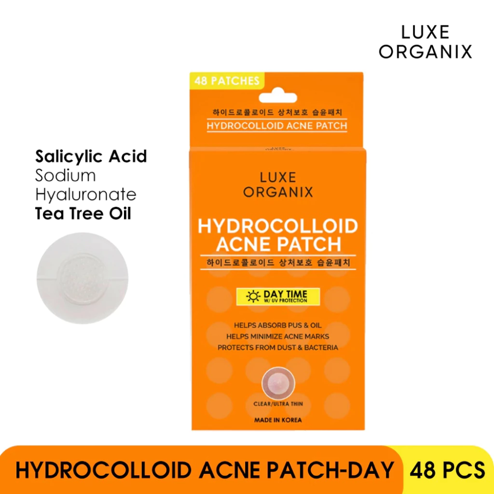 Orange packaging of Luxe Organix hydrocolloid acne patch with product details on a white background