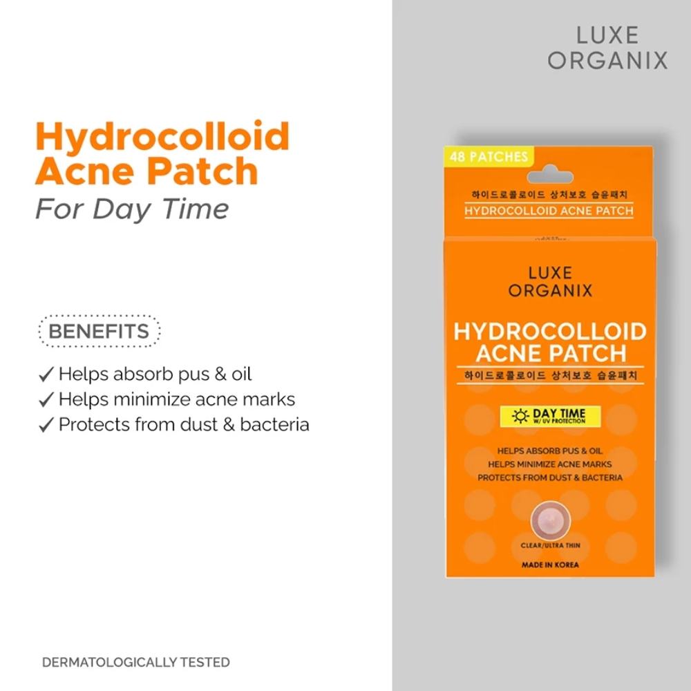 Luxe Organix hydrocolloid acne patch packaging with benefits listed on a gray background
