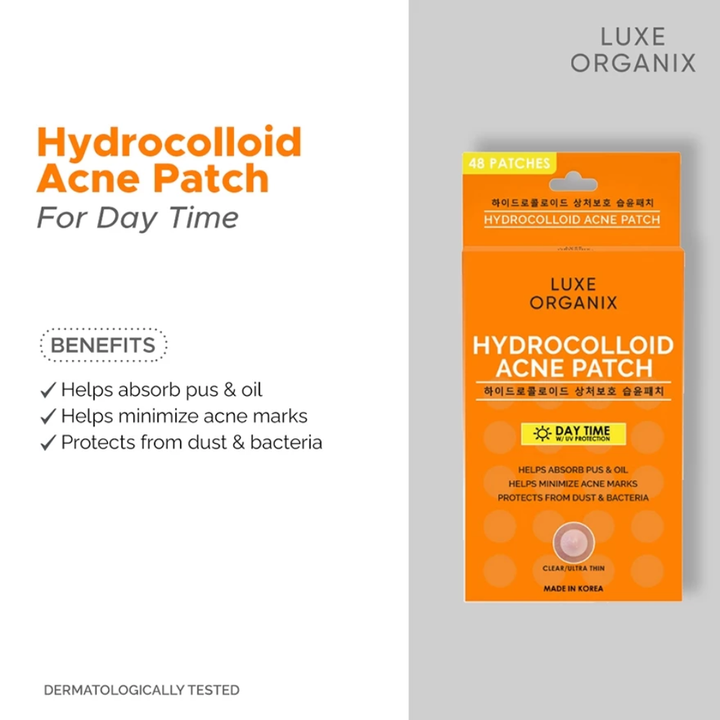 Luxe Organix hydrocolloid acne patch packaging with benefits listed on a gray background