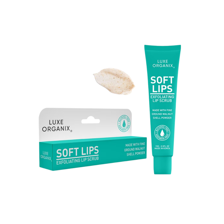 Luxe Organix Soft Lips Exfoliating Lip Scrub packaging on a white background