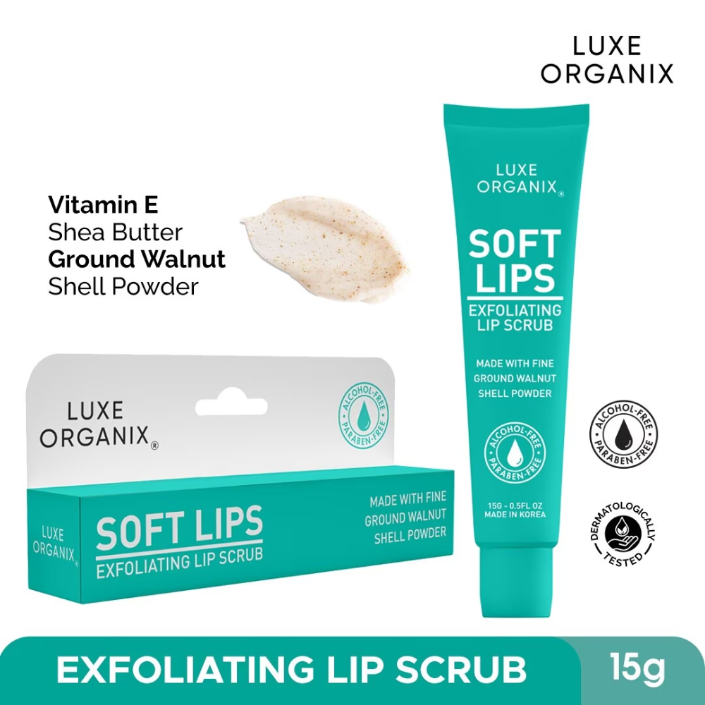Luxe Organix Soft Lips Exfoliating Lip Scrub with packaging on a white background