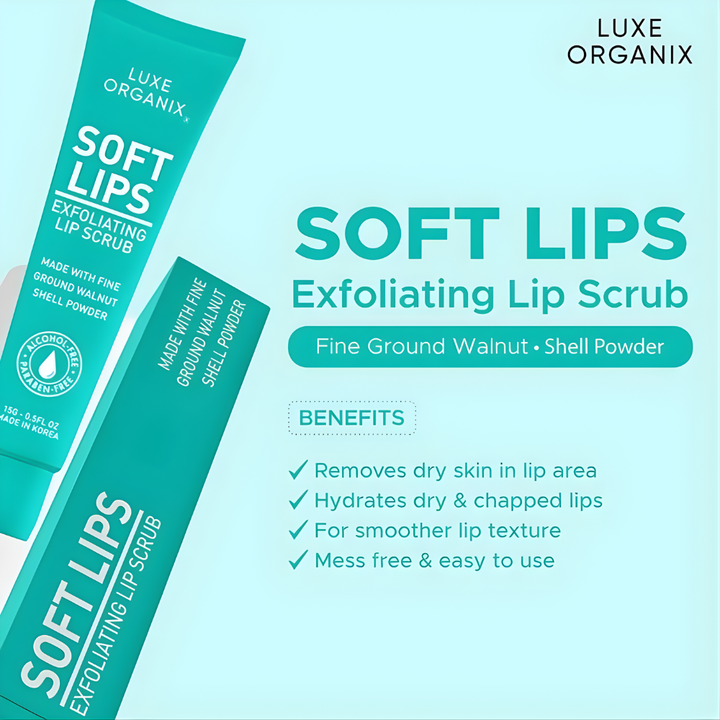 Luxe Organix Soft Lips Exfoliating Lip Scrub packaging with product details on a light blue background