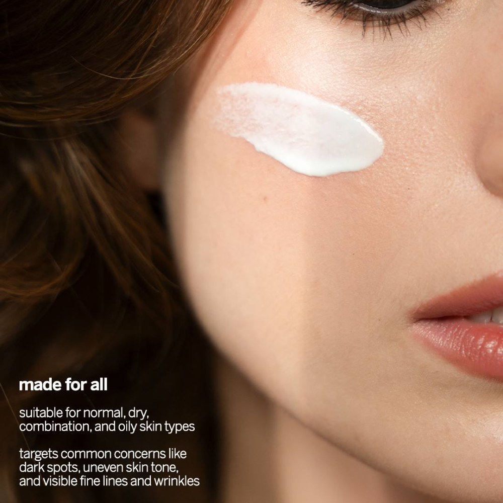 Luxelle Centella Sun Serum SPF PA 50+++ Close-up of a woman's face with a skincare product application, text indicating suitability for various skin types.