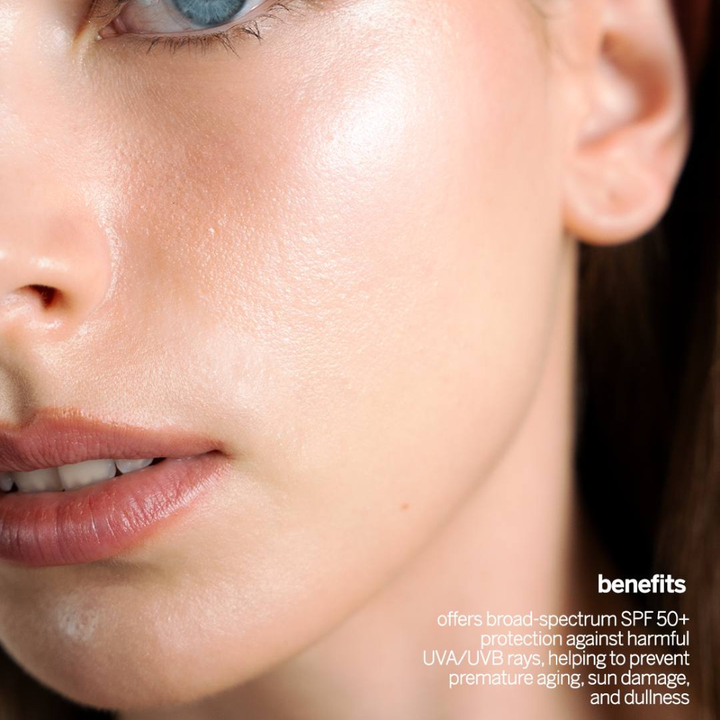 Luxelle Centella Sun Serum SPF PA 50+++ Close-up of a person's face with text about sunscreen benefits