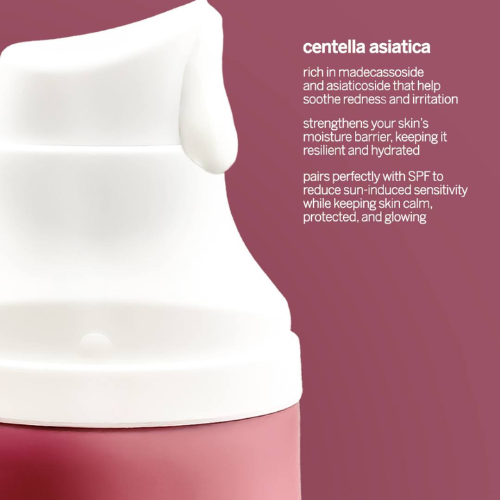 Luxelle Centella Sun Serum SPF PA 50+++ White skincare product container on a pink background with text about centella asiatica.