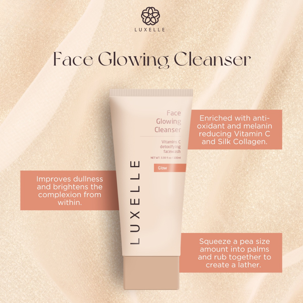 Luxelle Face Glowing Cleanser tube on a beige background with product details.