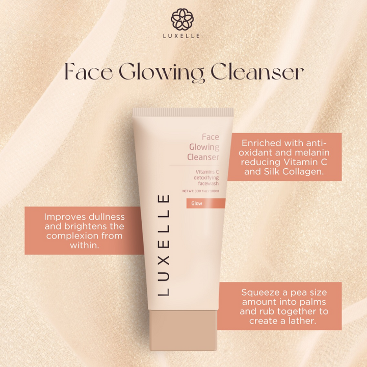 Luxelle Face Glowing Cleanser tube on a beige background with product details.
