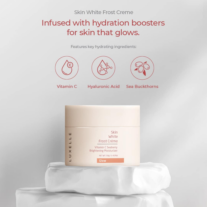 Luxelle Skin White Frost Creme jar with hydration boosters text and icons on a gray background