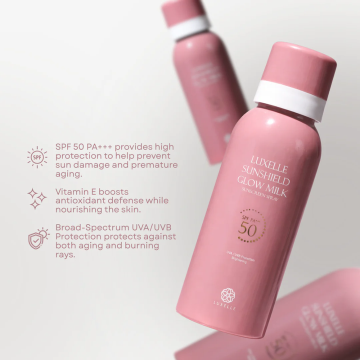 Pink sunscreen bottle with text on a light gray background Luxelle Sunshield Glow Milk Sunscreen Spray