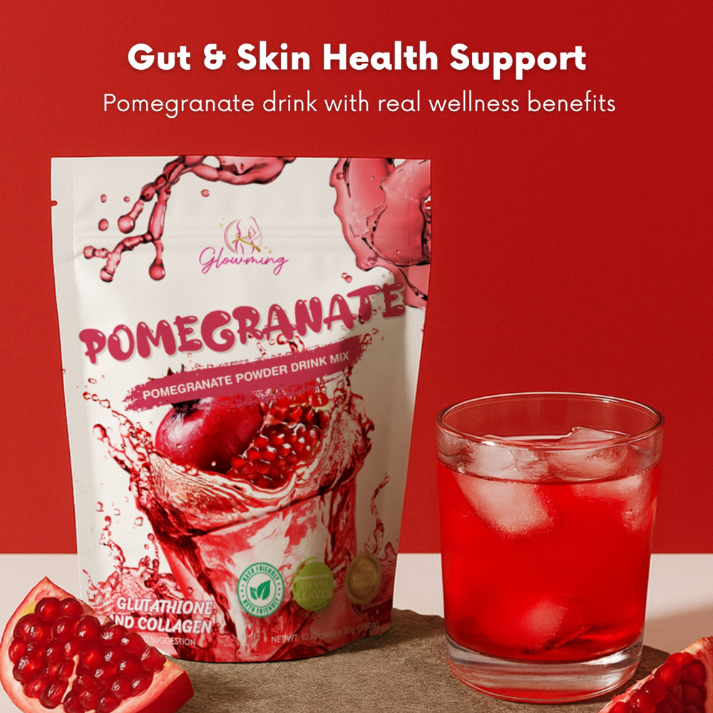 Glowming Pomegranate Powder Drink Mix with Glutathione and Collagen 200g Pomegranate powder drink mix package with a glass of red juice on a red background