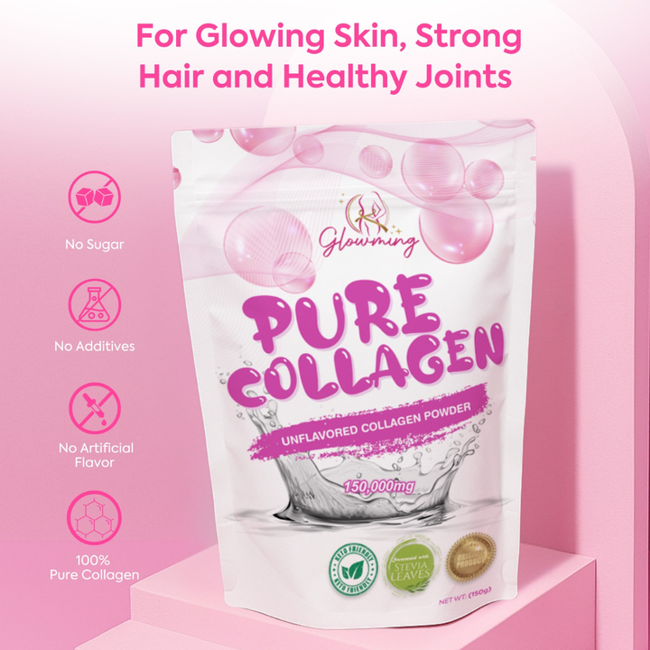 Glowming Shape by CC Pure Collagen Unflavored Collagen Powder 150g Package of pure collagen powder with pink background and text about benefits.